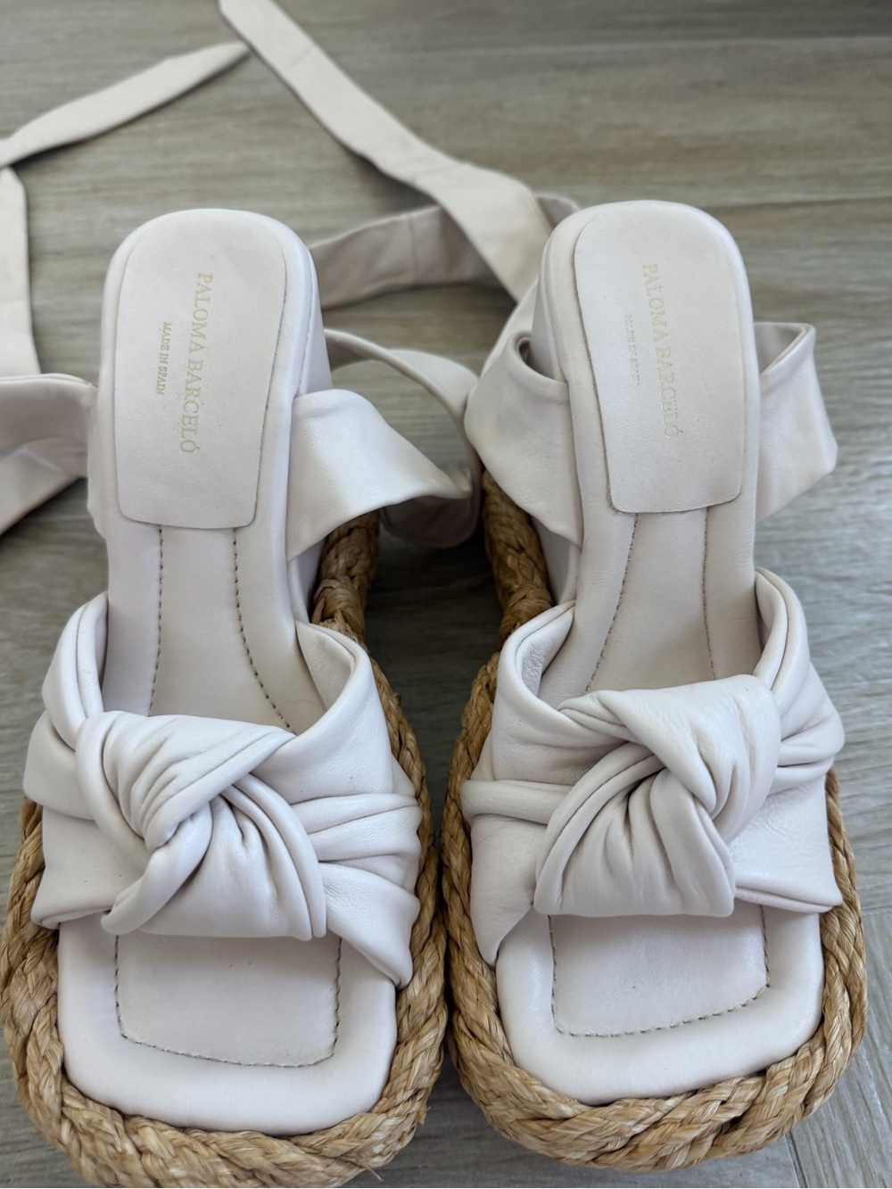 Paloma Barcelo Cream Knotted Leather Espadrille Wedge Sandals